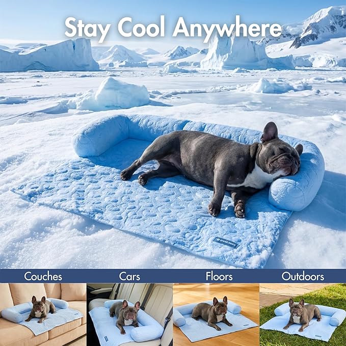 Spark Paws Cooling Couch Cover Dog Bed, Furniture Protector Mat, Non-Toxic Washable Pet Cooling Pad for Large & Small Dog - Hearts Blue - Size XL