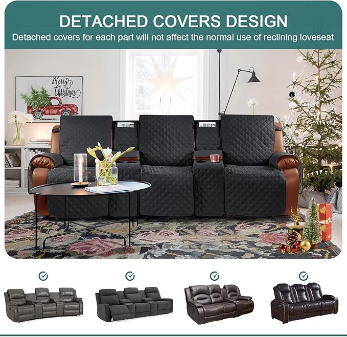 Ruaozz Waterproof Recliner Sofa Cover with Console Non-Slip Couch Covers for Reclining Couches Pet Cover for Double Recliner Sofa Cover with Elastic Straps for Kid Dogs Pets (Black, 3 Seater)