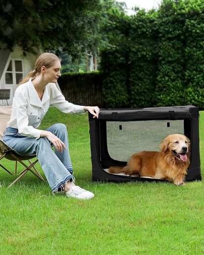 Veraste 33" L x 25" W x 25" H Collapsible Travel Dog Crate, Portable Soft Dog Kennel for Medium Large Dogs up to 60 lbs, 4-Door Foldable Travel Crate with Durable Mesh & Storage Bag, Black