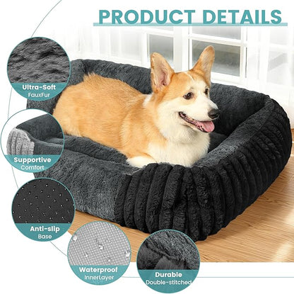 Dog Beds for Large Sized Dogs 35x28 Inch, Comfort-Sided Orthopedic Dog Bed Couch with Breathable Shredded Memory Foam, Faux Rabbit Fur Pet Bed, Non-Detachable, Non-Slip, Machine Washable