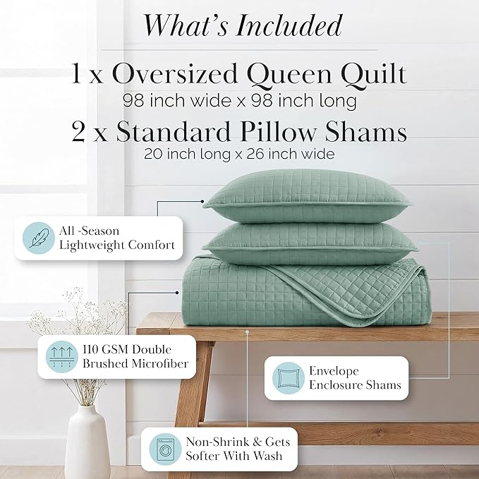 Southshore Fine Living, Inc. Quilts, Queen Size/Full Quilt Bedding Set, Stain & Pet Hair Resistant Bedding, Coverlet Full/Queen Size Bedspread, Soft Microfiber with 2 Pillow Shams, Steel Blue (Teal)