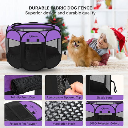 Siedihit Dog Playpen, Puppy Pet Playpen, Dog Crate Tent Cage Indoor/Outdoor, Portable Pop Up Dogs Kennel Playpen with Carrying Case for Dogs/Cats/Rabbits, Purple, Medium