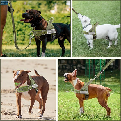SlowTon No Pull Dog Harness - Heavy Duty Dog Harness and Leash Set for Medium Large Dogs, Reflective Tactical Harness with Soft Padded and Front Clip for Easy Walk and Training (Green XL)