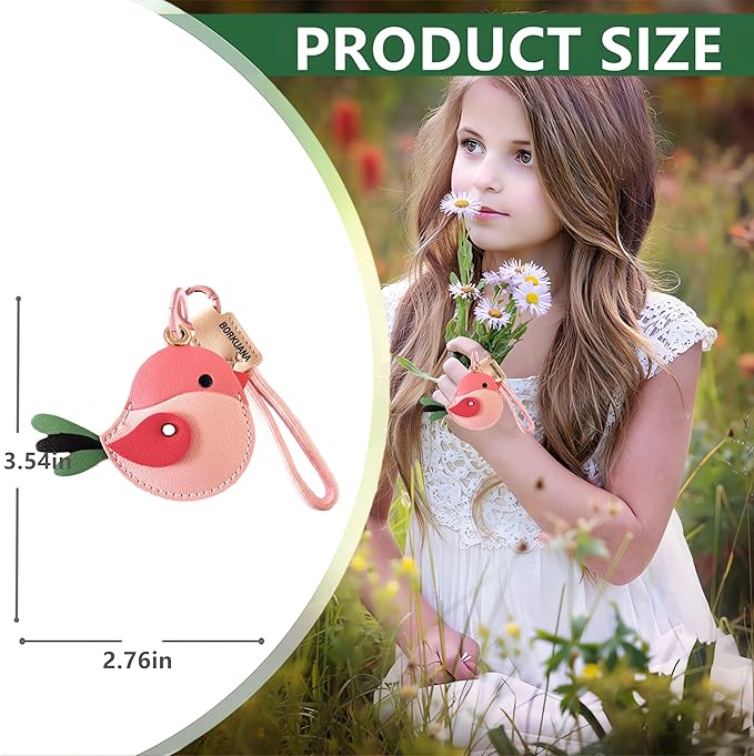 Leather Keychain Holder Case Compatible with AirTag,Cute Protective Cover with Keyring and Lanyard,Anti-Scratch Finder GPS Tracker Case for Wallet Keys,Bag,Pets,Backpack(Pink Bird)