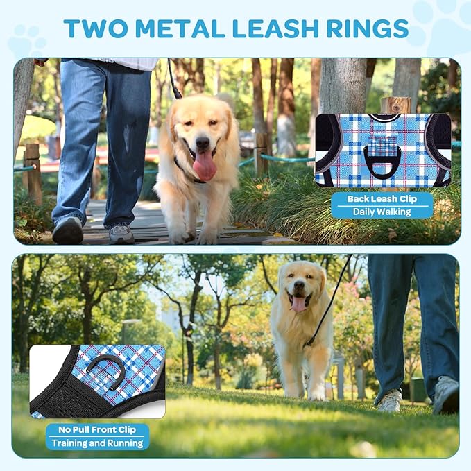 FURRYFECTION Plaid Dog Harness for Small Dogs, Reflective No Pull Adjustable Pet Vest with Front Clip, Leash, Easy Control Handle and Seat Belt, Blue&White, S