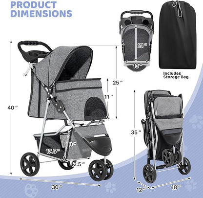 Magshion 3-Wheel Pet Stroller, Foldable Travel Jogger for Small & Medium Dogs & Cats (Up to 33lbs), Lightweight Carrier with Breathable Mesh Cover, Cup Holder & Storage Basket, Gray