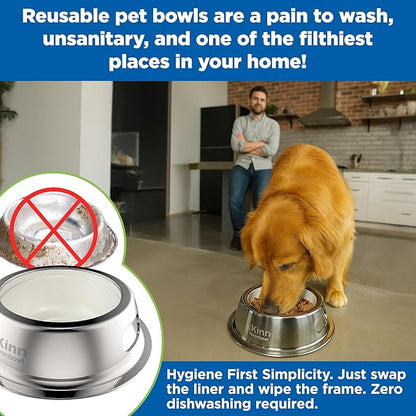 Kinn Kleanbowl Pet Bowl Stainless Steel Frame with Compostable Refills, 8 oz (Pack of 2) – Spill-Proof Stable Disposable Pet Bowls for Easy Cleaning and Healthy Pets, No Plastic