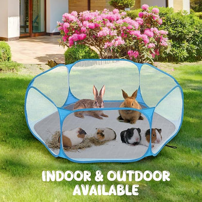 Pawaboo Small Animals Playpen with Pad, Waterproof Small Pet Cage Tent with Reusable Pad, Portable Outdoor Yard Fence for Chick/Kitten/Puppy/Guinea Pig/Rabbits/Chinchillas, Blue+Gray