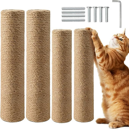 4 Pack Cat Scratching Post Replacement, 11.8 x 2.7 Inch Sisal Poles with M8 Screws, Refill Parts for Indoor Cat Towers and Furniture Repair-Brown