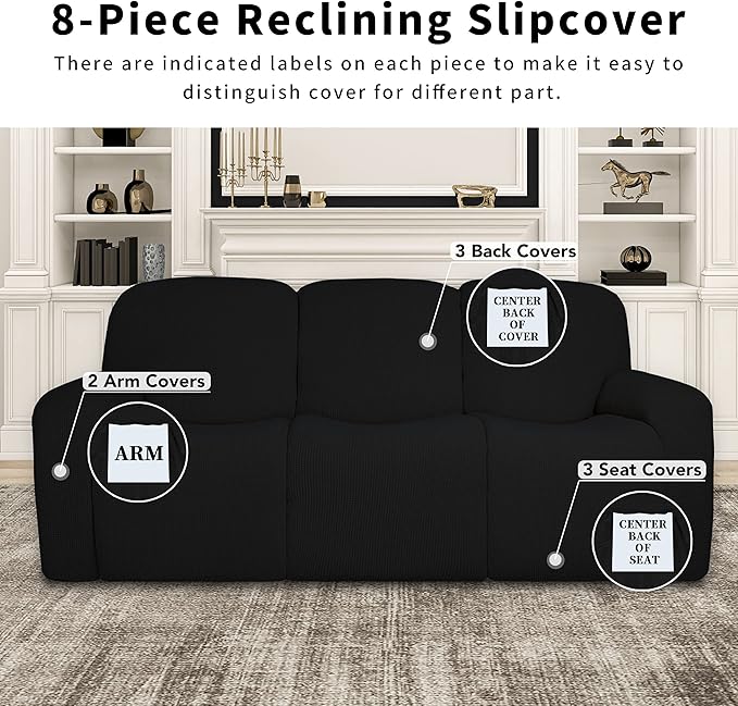 Easy-Going 100% Dual Waterproof Recliner Sofa Cover, 8-Pieces Stretch Relining Couch Cover with Pocket, Jacquard 3 Seat Sofa Slipcover Leakproof Washable (Sofa, Black)