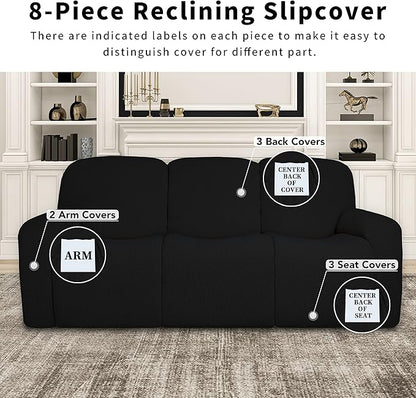 Easy-Going 100% Dual Waterproof Recliner Sofa Cover, 8-Pieces Stretch Relining Couch Cover with Pocket, Jacquard 3 Seat Sofa Slipcover Leakproof Washable (Sofa, Black)
