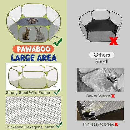 Pawaboo Small Animals Playpen with Pad, Waterproof Small Pet Cage Tent with Reusable Pad, Portable Outdoor Yard Fence for Chick/Kitten/Puppy/Guinea Pig/Rabbits/Chinchillas, Green + Grey