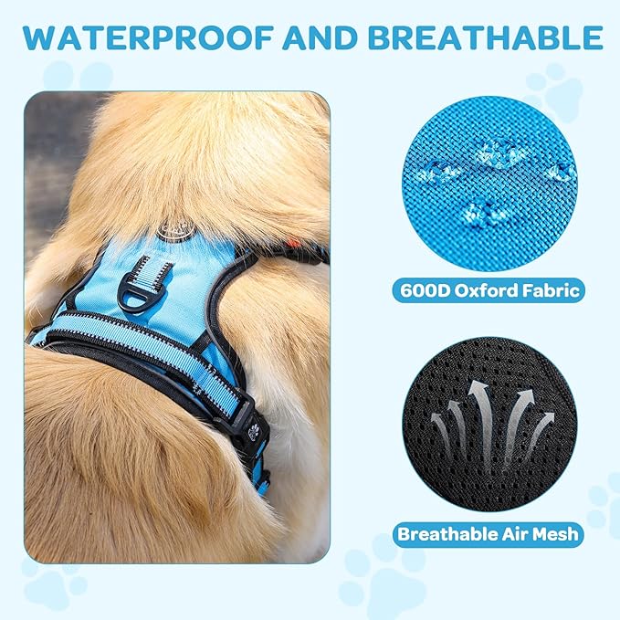 FURRYFECTION Plaid Dog Harness for Large Dogs, Reflective No Pull Adjustable Pet Vest with Front Clip, Leash, Easy Control Handle and Seat Belt, Blue, L