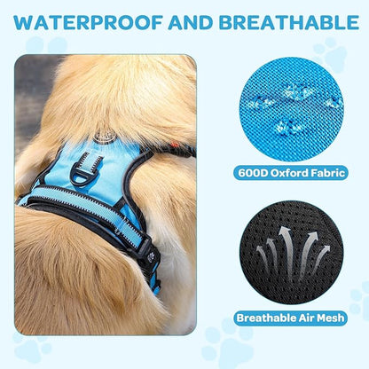 FURRYFECTION Plaid Dog Harness for Medium Dogs, Reflective No Pull Adjustable Pet Vest with Front Clip, Leash, Easy Control Handle and Seat Belt, Blue, M