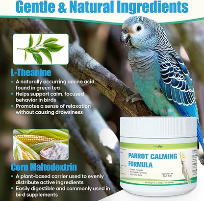 Parrot Calming Supplement – Natural Bird Stress Support Powder for Fireworks, Travel & Visitors – Vet-Formulated – Easy to Use Daily Support for Parrots – 4oz (450 Servings)