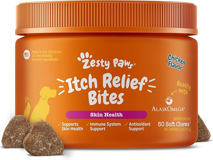 Zesty Paws Itch Relief for Dogs - for Itching Skin & Coat Health - Omega-3 Fish Oil with EPA & DHA - Dog Bites Supplement with Vitamin C & E for Antioxidant Support - Chicken Flavor - 50 Count
