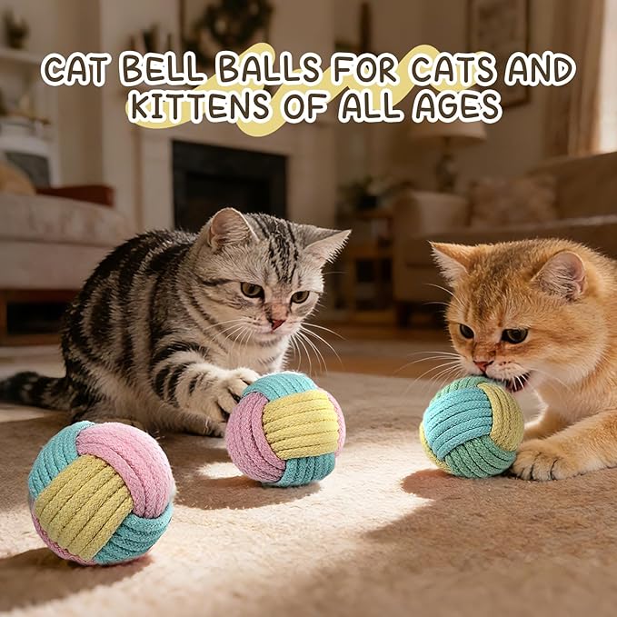 Crinkle Cat Chew Toy Balls 6-Pack with Rope - Indestructible & Quiet for Indoor Cats & Kittens - Soft, Durable Cat Enrichment Toys Promotes Dental Health, Interactive Play for Bored Cats