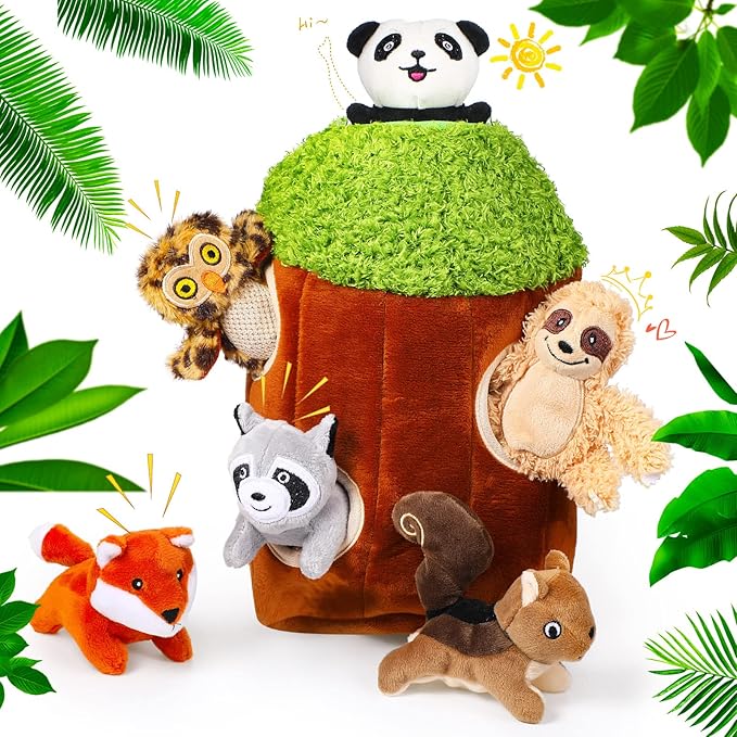 Skylety 7 Pieces Hide and Seek Dog Toys Activity Puppy Chew Squeaky Toys Plush Stuffing Burrow Woodland Stuffing with Squeakers for Small Medium Pets Dogs Puppy Gift(Cute,Medium)