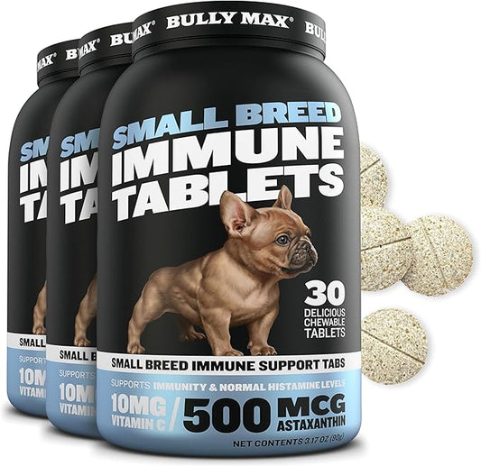 Bully Max Small Breed Dog Immune Support Tablets - Chewable Multivitamin Immunity Booster Supplement for Puppy & Adult Dogs - Pet Vitamins with Astaxanthin, Colostrum, Turmeric - 30 Tabs (3 Bottles)