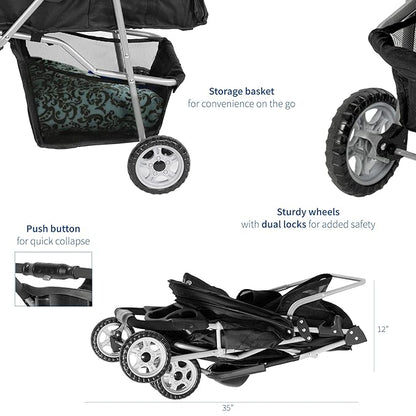 VIVO Black 3 Wheel Pet Stroller for Cat, Dog and More, Foldable Carrier Strolling Cart, STROLR-V003K