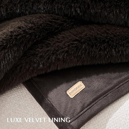 EVERGRACEHOME Luxury Soft Faux Chinchilla Fur Throw Blanket for Couch, Warm Thick Heavy Winter Throw Blanket 1220GSM for Bed, Fluffy Cozy Mink Blanket with Reversible Velvet, Espresso Mink, 60"x80"