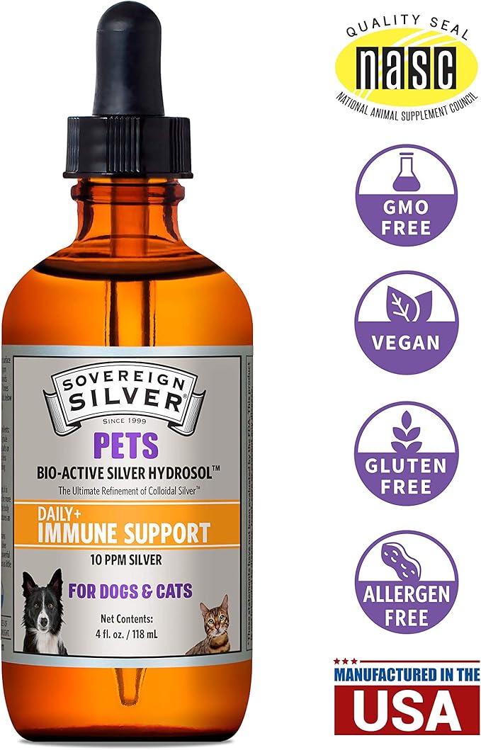 Sovereign Silver Pets Immune Support - Colloidal Silver, Bio-Active Silver Hydrosol, for Dogs and Cats 10 ppm, Liquid Dropper, 4 Fl Oz, (118 mL)