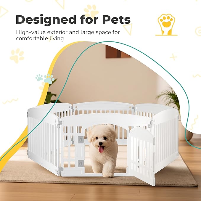 24" Plastic Dog Playpen 6-Panel Durable Pet Playpen for Puppies & Small/Medium Dogs, Portable & Foldable Pet Fence with Secure Locking Door, White