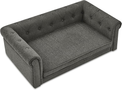 Elevated Dog Sofa with Backrest and Armrests, Button Tufted Dog Couch Bed with Soft Cushion for Medium Dogs, Stylish Lounging Bed Pet Couch Chair, 60Lbs Weight Capacity, Dark Gray