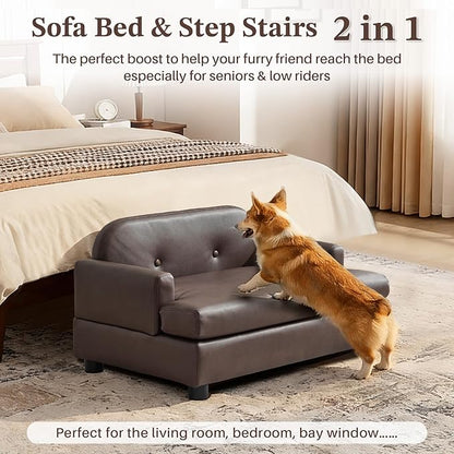 Luxury Dog Sofa Bed Elevated Pet Couch with Durable Waterproof Leather & Orthopedic Sponge - Modern Furniture Style Dog Lounge & Pet Bedside Step for Small/Medium Dogs/Cats, Brown