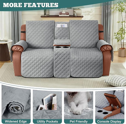 Ruaozz Waterproof Loveseat Recliner Cover with Console Non-Slip Reclining Couch Covers Split Sofa Slipcovers with Elastic Straps Furniture Protector for Kids, Dogs, Pets (Light Grey, 2 Seater)
