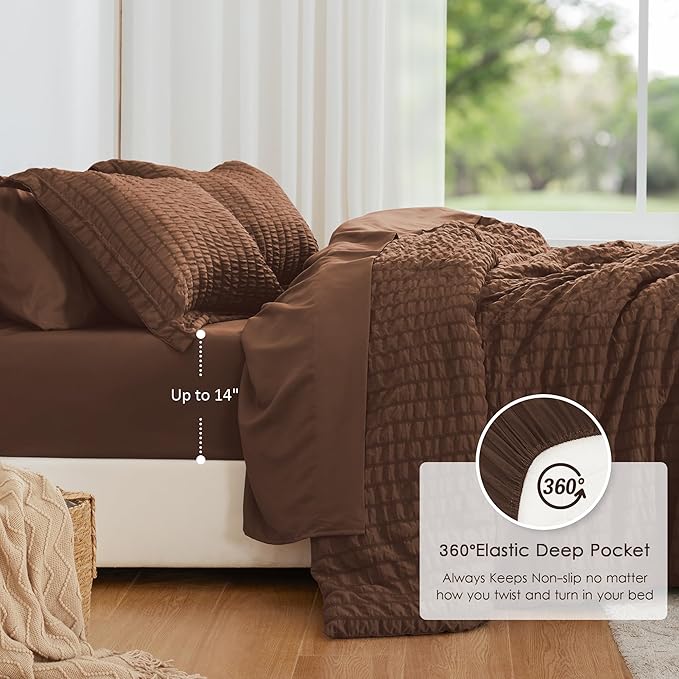 Love's cabin Seersucker Brown California King Comforter Set, 7-Piece All Season Lightweight Bed in a Bag Bedding Set with Comforter, Flat Sheet, Fitted Sheet, Pillowcases and Shams | Soft, Breathable, Lightweight