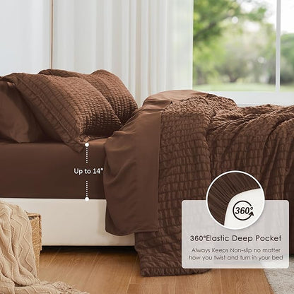 Love's cabin Seersucker Brown Queen Comforter Set, 7-Piece All Season Lightweight Bed in a Bag Bedding Set with Comforter, Flat Sheet, Fitted Sheet, Pillowcases and Shams | Soft, Breathable, Lightweight