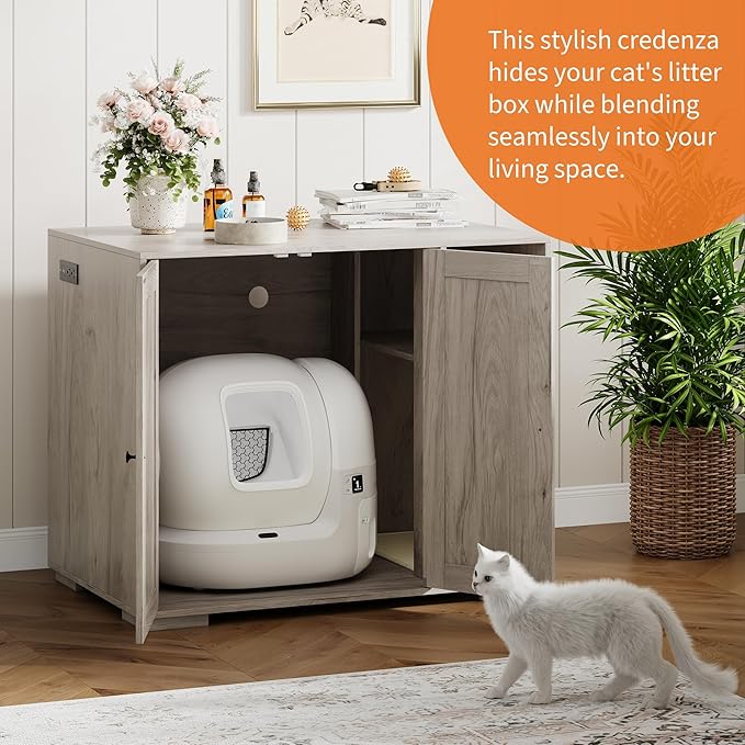 Extra Large Cat Litter Box Enclosure with Scratch Pad, Large Automatic Litter Box Furniture, Dog-Proof Litter Cabinet with Outlet, Space for Cat Stuffs