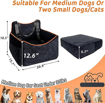 Dog Car Seat for Medium Sized Dogs 30 lbs, Safety Booster Seat for Small Dogs Hooks to The Seatbelt & with Elevated Cushion, Soft Waterproof Washable Small Dog Car Seat with Storage Pockets (Black)