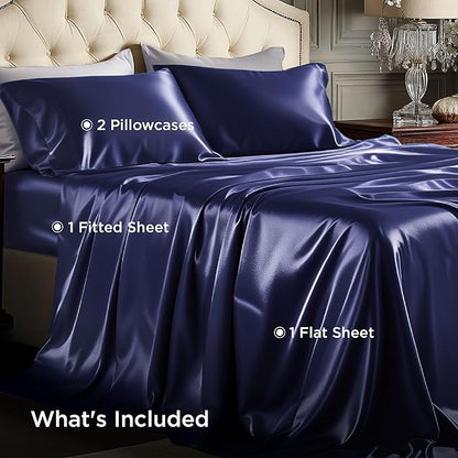 Bedsure Satin Sheets Full Size - 4 Piece Silky Bedsheets with 15 Inches Deep Pocket Fitted Bedsheet,1 Flat Sheet, 2 Satin Pillowcases, Good for Hair & Skin (Full, Navy)