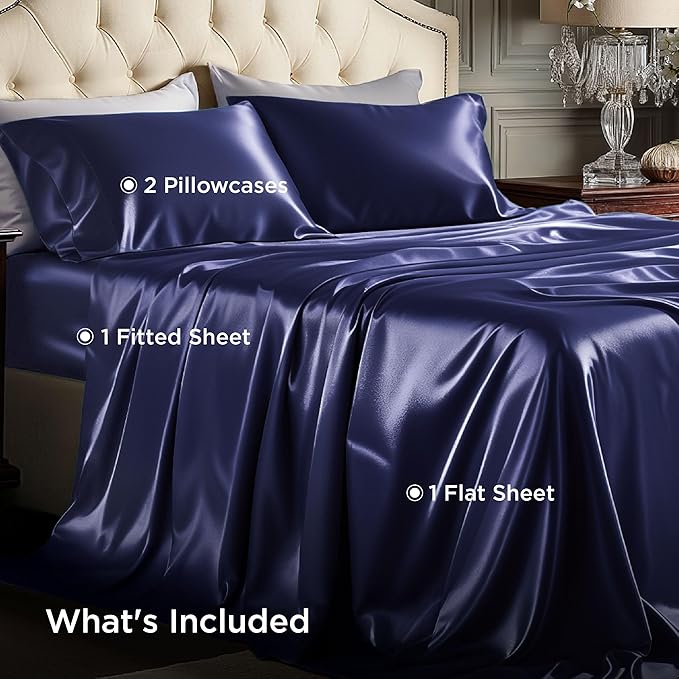 Bedsure Satin Sheets King Size - 4 Piece Silky Bedsheets with Elastic Corner Straps and 15 Inches Deep Pocket Fitted Bedsheet,1 Flat Sheet, 2 Satin Pillowcases, Good for Hair & Skin (King, Navy)