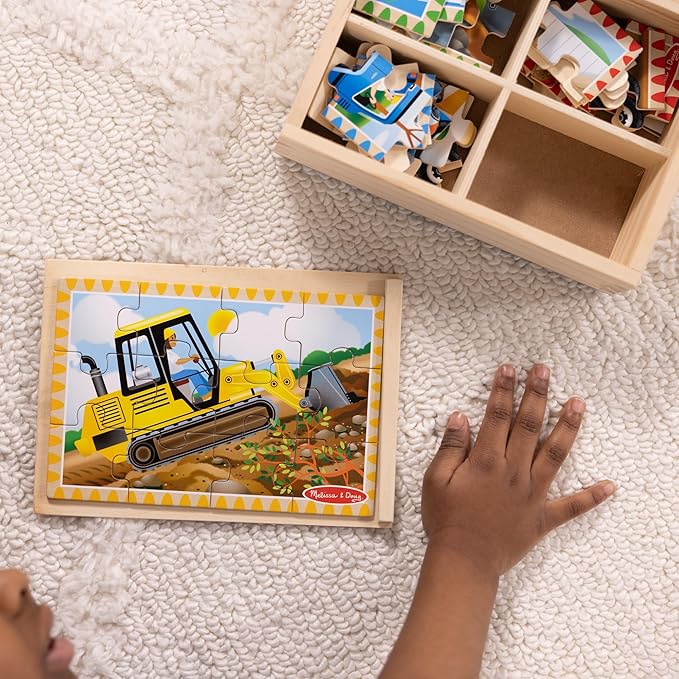 Melissa & Doug 4‑in‑1 Wooden Construction Vehicles Jigsaw Puzzle Set, 48 Pieces with Storage Box, Toddler Puzzle Toy for Kids Ages 3+ - FSC Certified