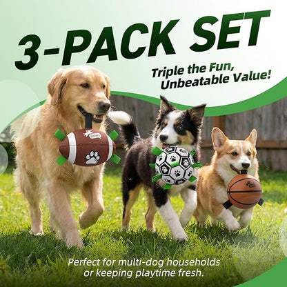 QDAN Dog Soccer Ball Football Basketball Set - 3 PCS Dog Balls with Strap for Tug of War, Soccer Ball Football Toys for Small Medium Large Dogs, Herding Ball for Dogs, Dog Birthday Toy