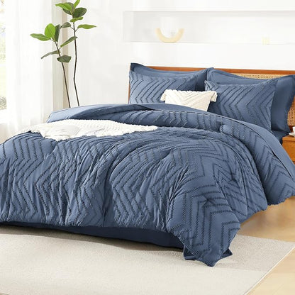 Litanika Super King Plus Size Comforter Set with Sheets Ocean Blue - 7 Pieces Bed in a Bag Oversized King Boho Tufted Complete Bedding Sets with Comforter, Sheets, Pillowcases & Shams