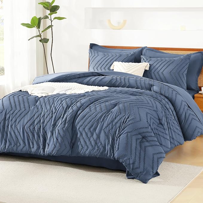 Litanika Super King Size Comforter Set with Sheets Ocean Blue - 7 Pieces Bed in a Bag Oversized King Boho Tufted Complete Bedding Sets with Comforter, Sheets, Pillowcases & Shams
