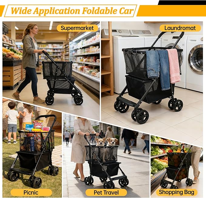 Folding Shopping Cart & Pet，110lbs ，2-in-1 Personal Cart with Removable Basket & Lower Dogs Stroller，Single-Hand Fold, Collapsible Utility Trolley Cart for Groceries, Laundry, Camping & Pet Traveling