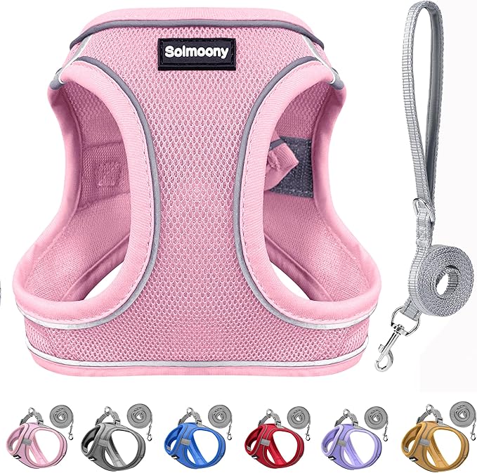 Solmoony Sparkly Medium Dog Harness and Leash Set, Step in Soft Light Puppy Vest, Breathable Reflective Pet Harness for Walking, Puppy Harness for Medium Dogs Cats (Pink, L)