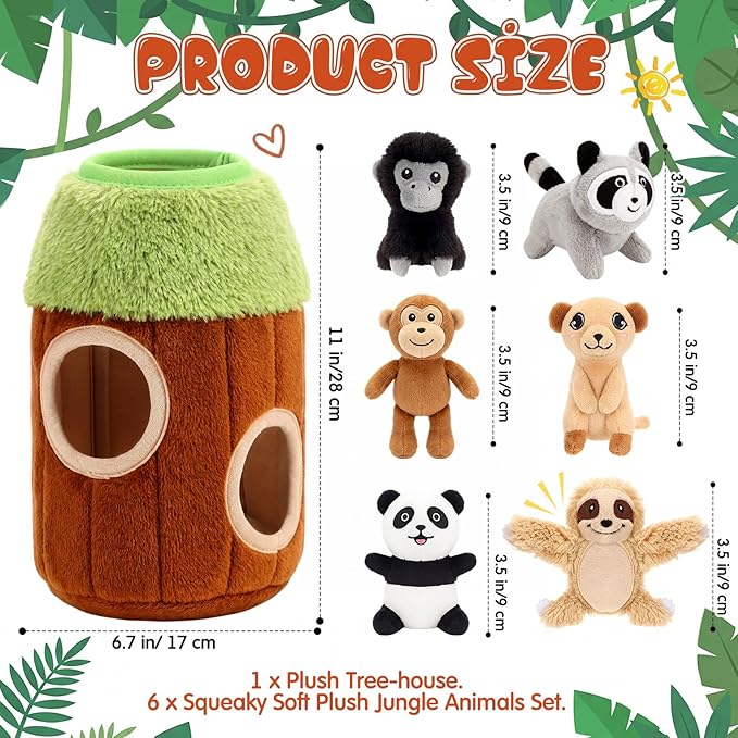 Skylety 7 Pieces Hide and Seek Dog Toys Activity Puppy Chew Squeaky Toys Plush Stuffing Burrow Woodland Stuffing with Squeakers for Small Medium Pets Dogs Puppy Gift(Funny,Small)