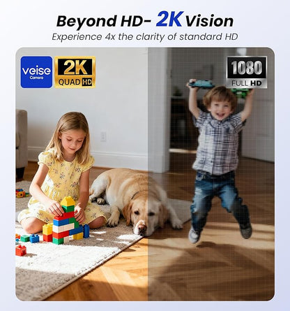 Veise 2K Indoor Security Camera 2.4GHz, 360° Pan/Tilt Pet Camera with Motion Tracking, Baby Monitor, 2-Way Audio, Night Vision, Cloud/SD Storage, Compatible with Voice Assistant, White, 2Pack