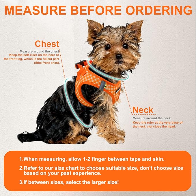 AIITLE Adjustable Dog Vest Harness Set – No-Pull Design, Plaid Print & Reflective Safety– Fits Poodles, Shih Tzus & Medium-Sized Dogs up to 38lbs (M, Orange)