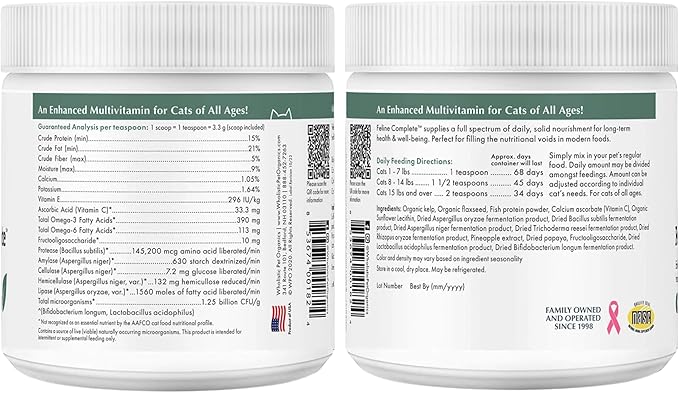 Wholistic Pet Organics Feline Complete - 4 Oz - Multivitamin & Probiotic Powder for Cats - Natural Cat Food & Digestive Support - 37 Scoops