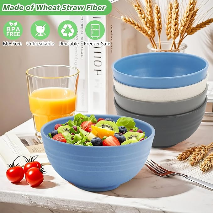 Wheat Straw Cereal Bowls, Reusable Bowls for Kitchen, Plastic Bowl Set of 4, Microwave and Dishwasher Safe Bowls for Salad, Soup, Oatmeal, Ramen, Camping, Kids, College Dorm, 26 OZ, Coastal Color