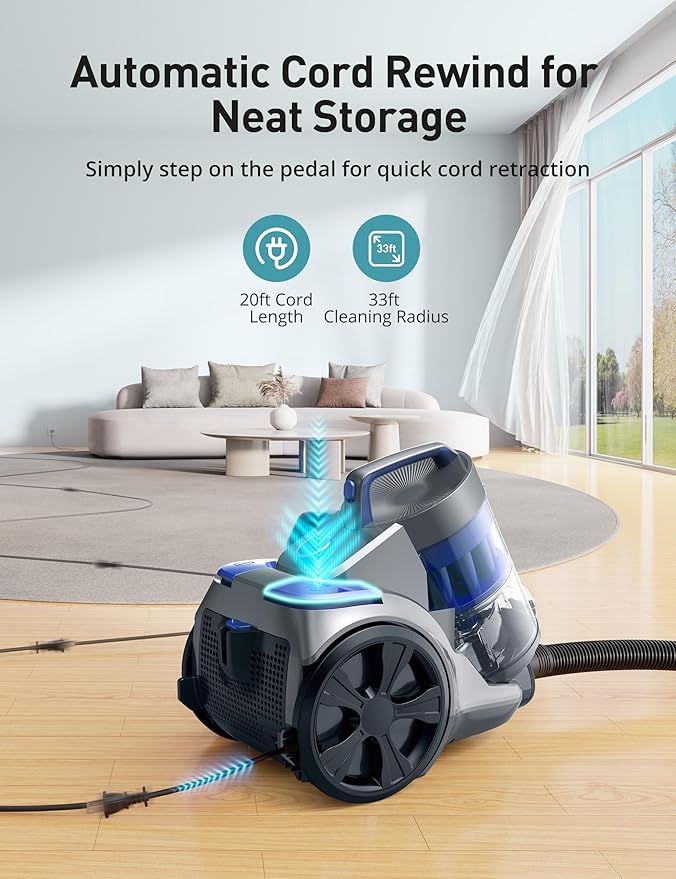 Aspiron 1700W Canister Vacuum Cleaner, 45Kpa Bagless Vacuum Cleaner, Multi-Cyclonic Filtration, 2 Anti-Allergen HEPA Filters, 3.5QT Dust Cup, 4 Tools, Corded Vacuum for Hard Floor, Pet Hair, Sapphire