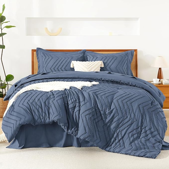 Litanika Super King Plus Size Comforter Set with Sheets Ocean Blue - 7 Pieces Bed in a Bag Oversized King Boho Tufted Complete Bedding Sets with Comforter, Sheets, Pillowcases & Shams