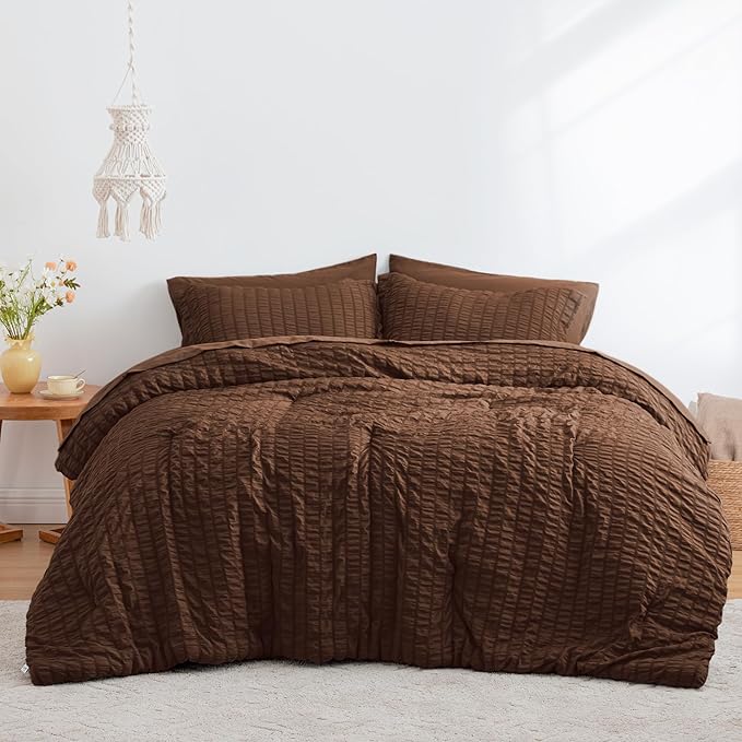 Love's cabin Seersucker Brown California King Comforter Set, 7-Piece All Season Lightweight Bed in a Bag Bedding Set with Comforter, Flat Sheet, Fitted Sheet, Pillowcases and Shams | Soft, Breathable, Lightweight